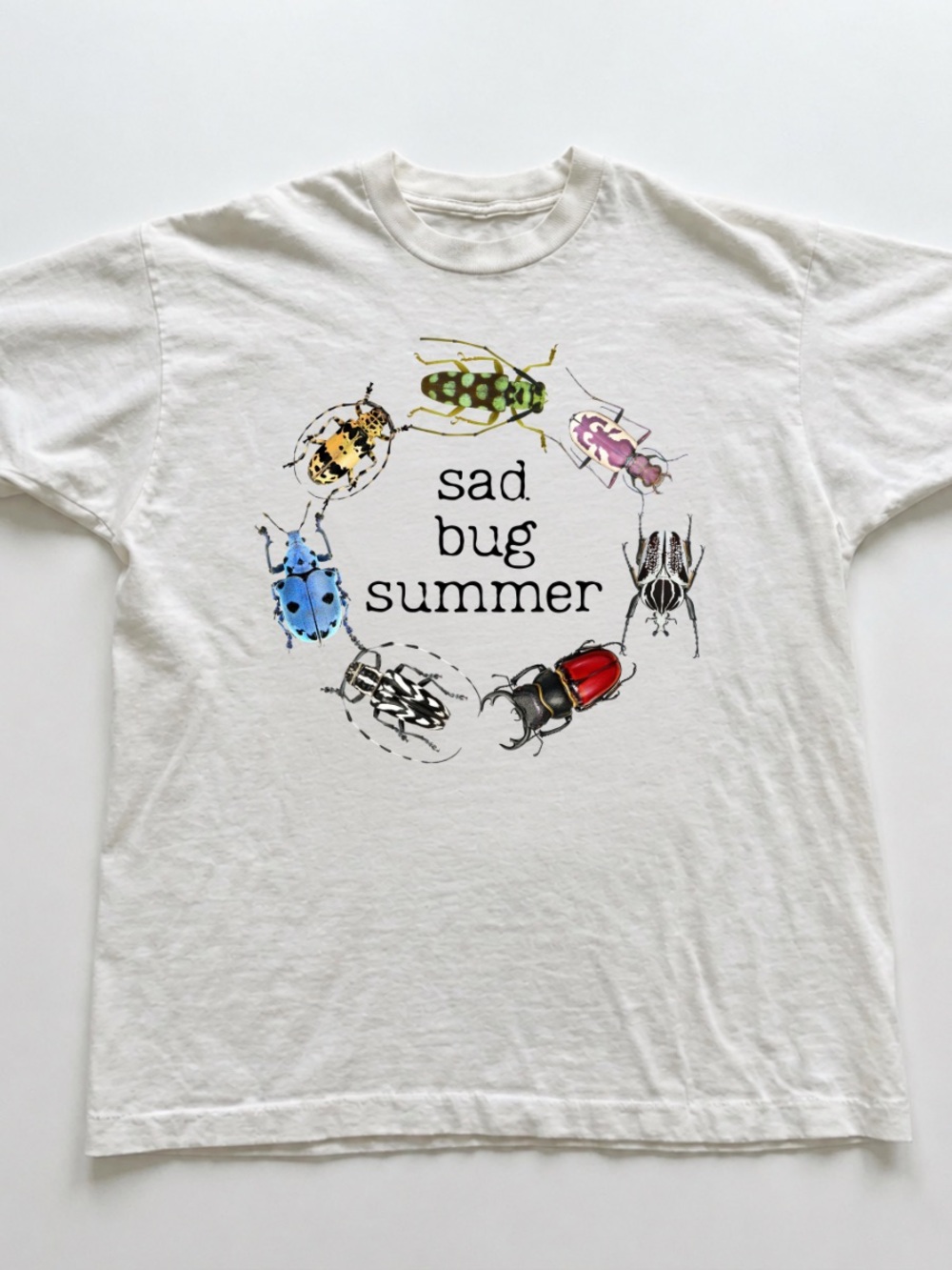 White Tee with Multicolor Bug Graphic - "Sad Bug Summer"